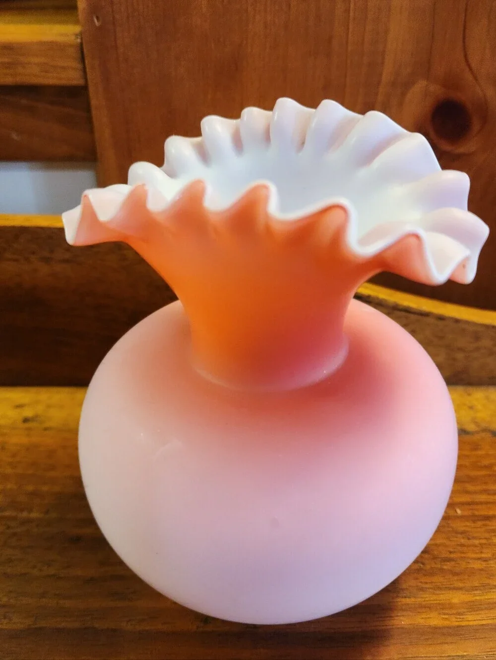Vase Satin Cranberry Pink Opalescent Glass Ruffle Top 5